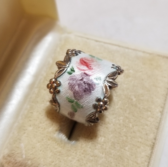 ANTIQUE Sterling Enameled Flower Ring Band - Picture 4 of 6